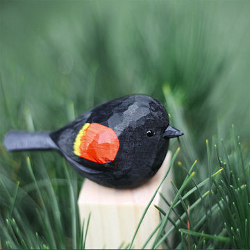 Handmade Carved Wooden Red-winged Blackbird Figurine